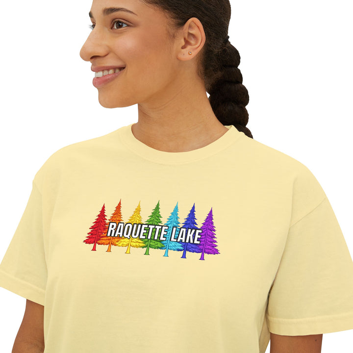 Raquette Lake Ladies Boxy Tee - Rainbow Trees