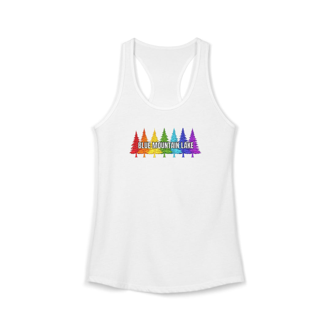 Blue Mountain Lake Rainbow Trees Ladies Racerback