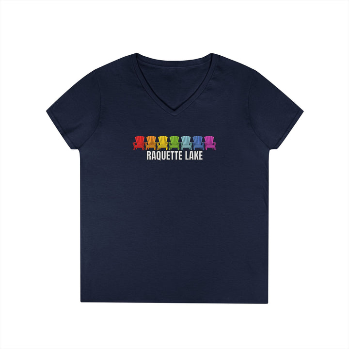 Raquette Lake Ladies V-Neck T-Shirt - Rainbow Chairs