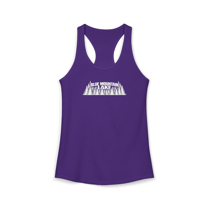 Blue Mountain Lake Trees Ladies Racerback