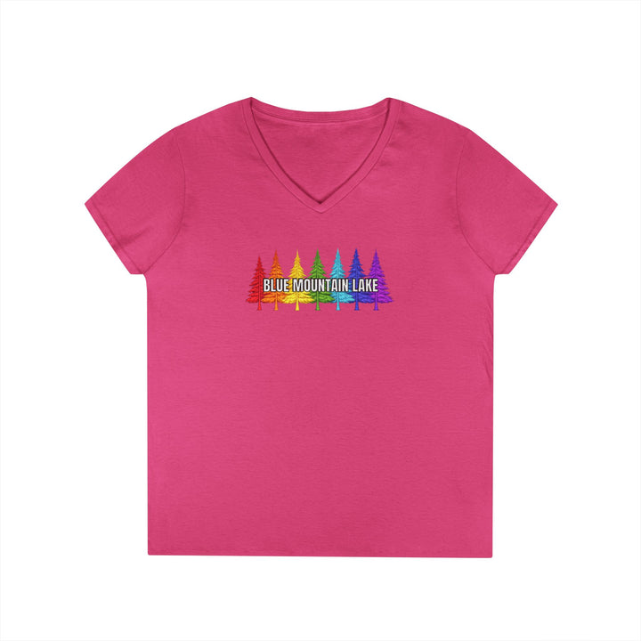 Blue Mountain Lake Rainbow Trees Ladies V-Neck T-Shirt