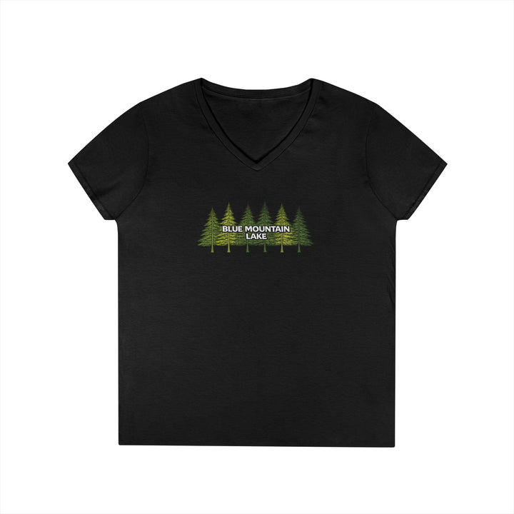 Blue Mountain Lake Pine Trees Ladies V-Neck T-Shirt
