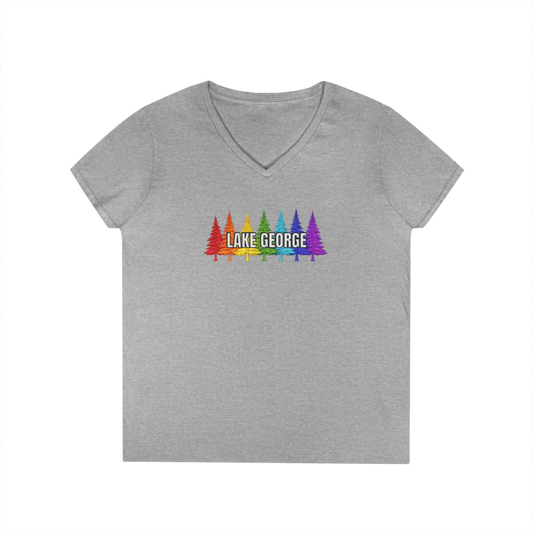 Lake George Rainbow Green Trees Ladies V-Neck