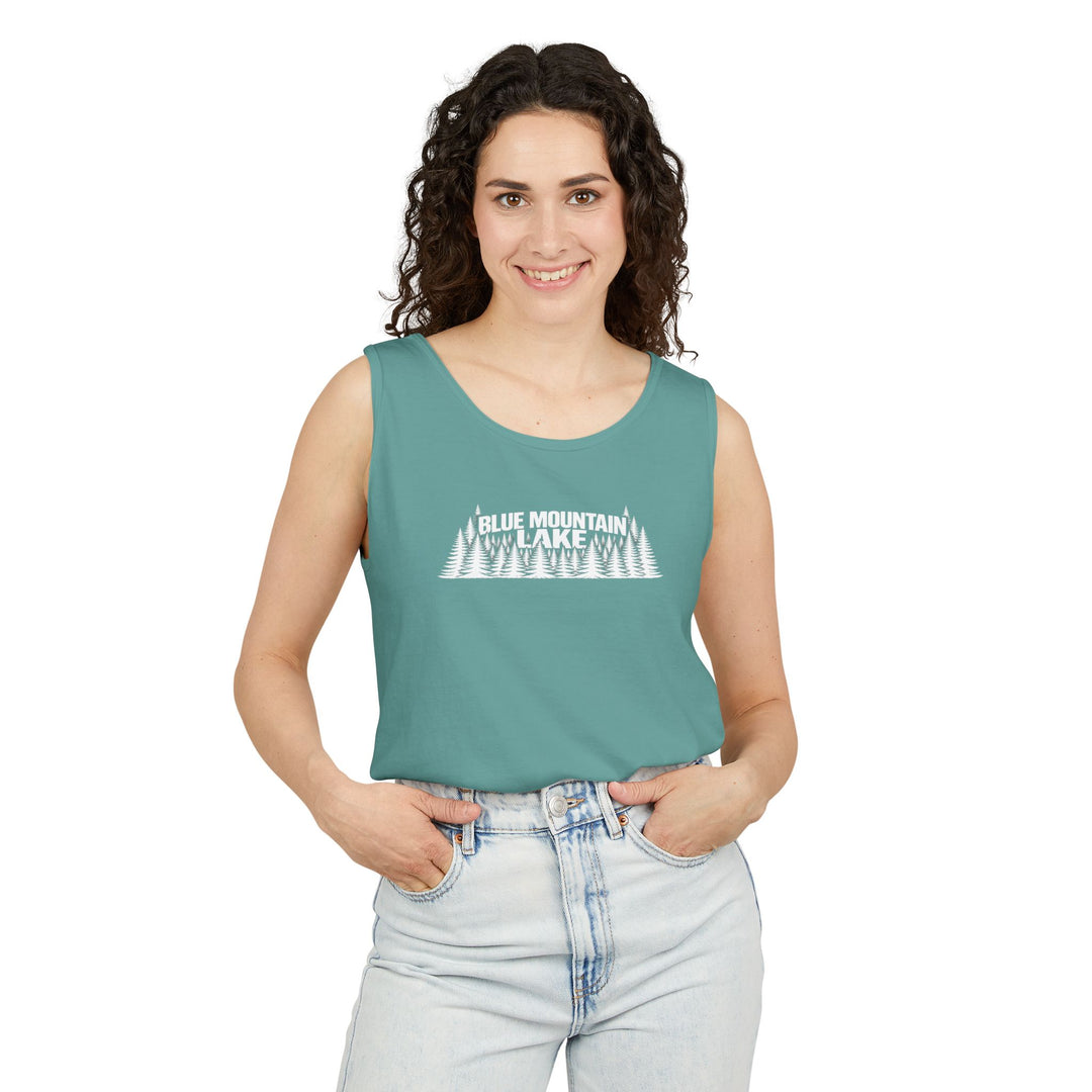 Blue Mountain Lake Trees Unisex Tank