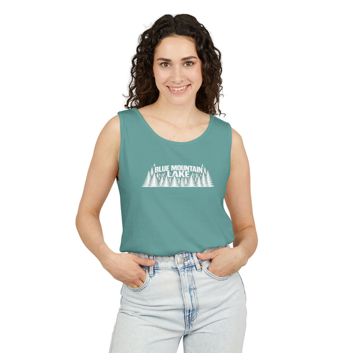 Blue Mountain Lake Trees Unisex Tank