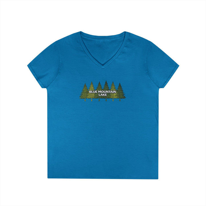 Blue Mountain Lake Pine Trees Ladies V-Neck T-Shirt