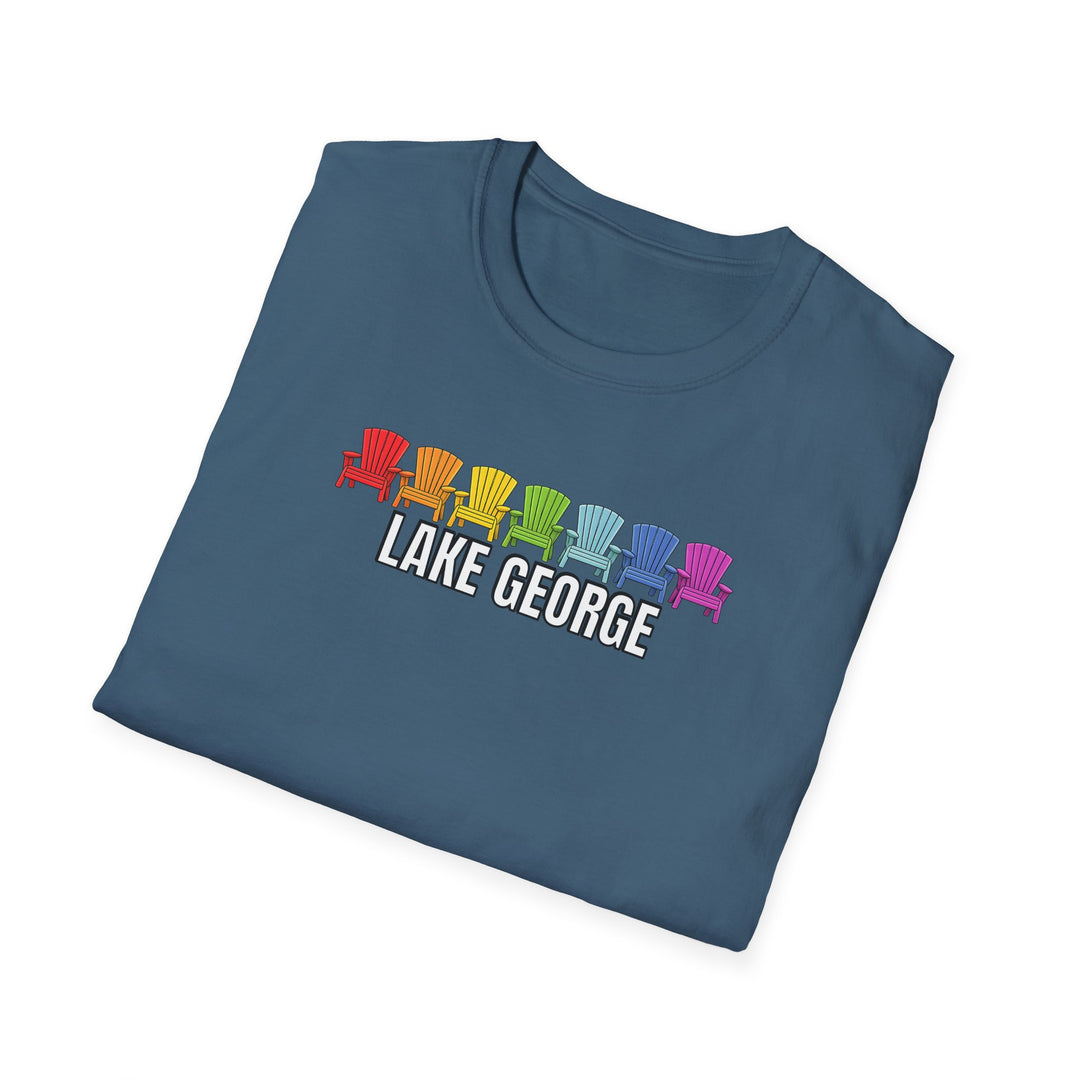Lake George Unisex T-Shirt - Rainbow Chairs