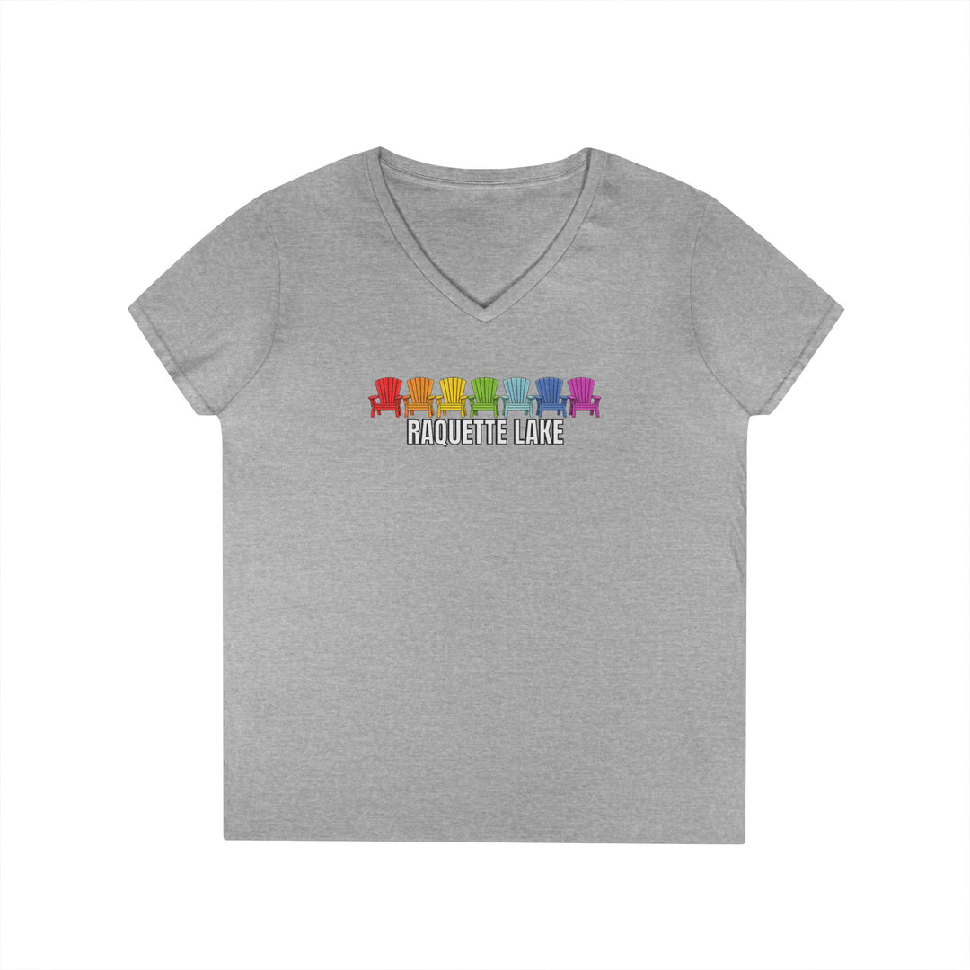 Raquette Lake Ladies V-Neck T-Shirt - Rainbow Chairs