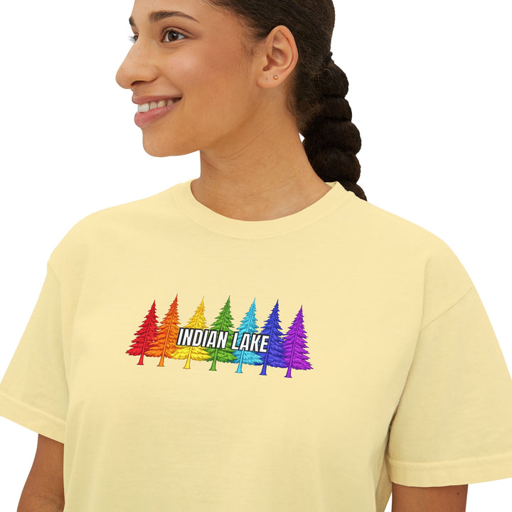 Indian Lake Ladies Boxy Tee - Rainbow Trees