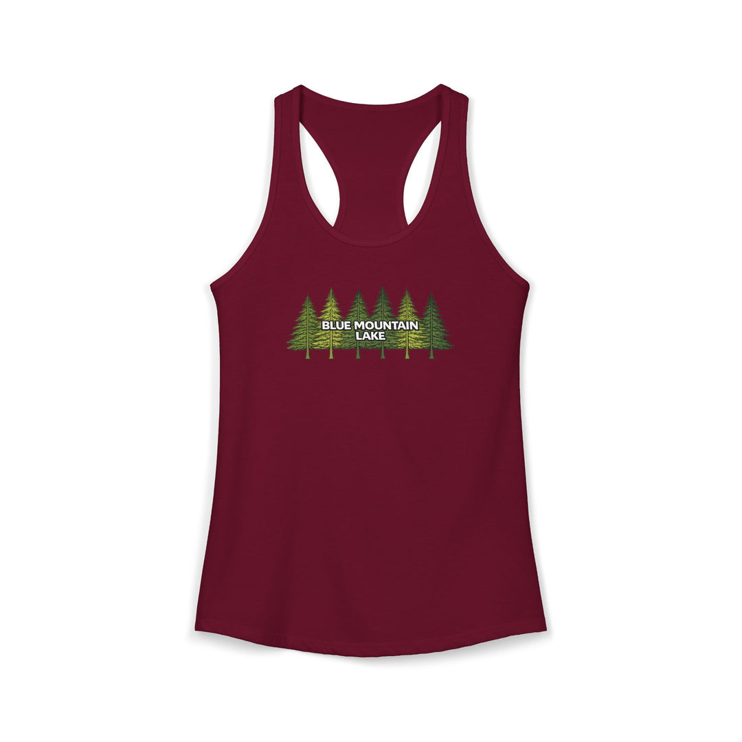 Blue Mountain Lake Pine Trees Ladies Racerback