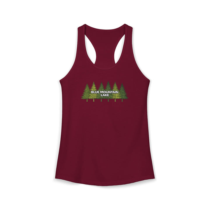 Blue Mountain Lake Pine Trees Ladies Racerback