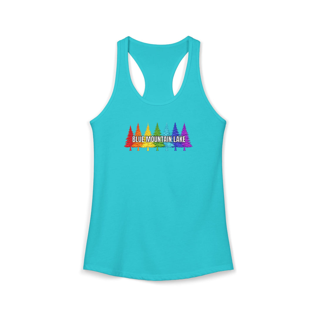 Blue Mountain Lake Rainbow Trees Ladies Racerback