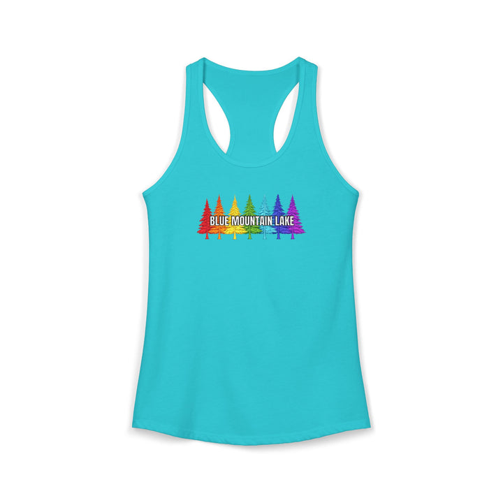 Blue Mountain Lake Rainbow Trees Ladies Racerback