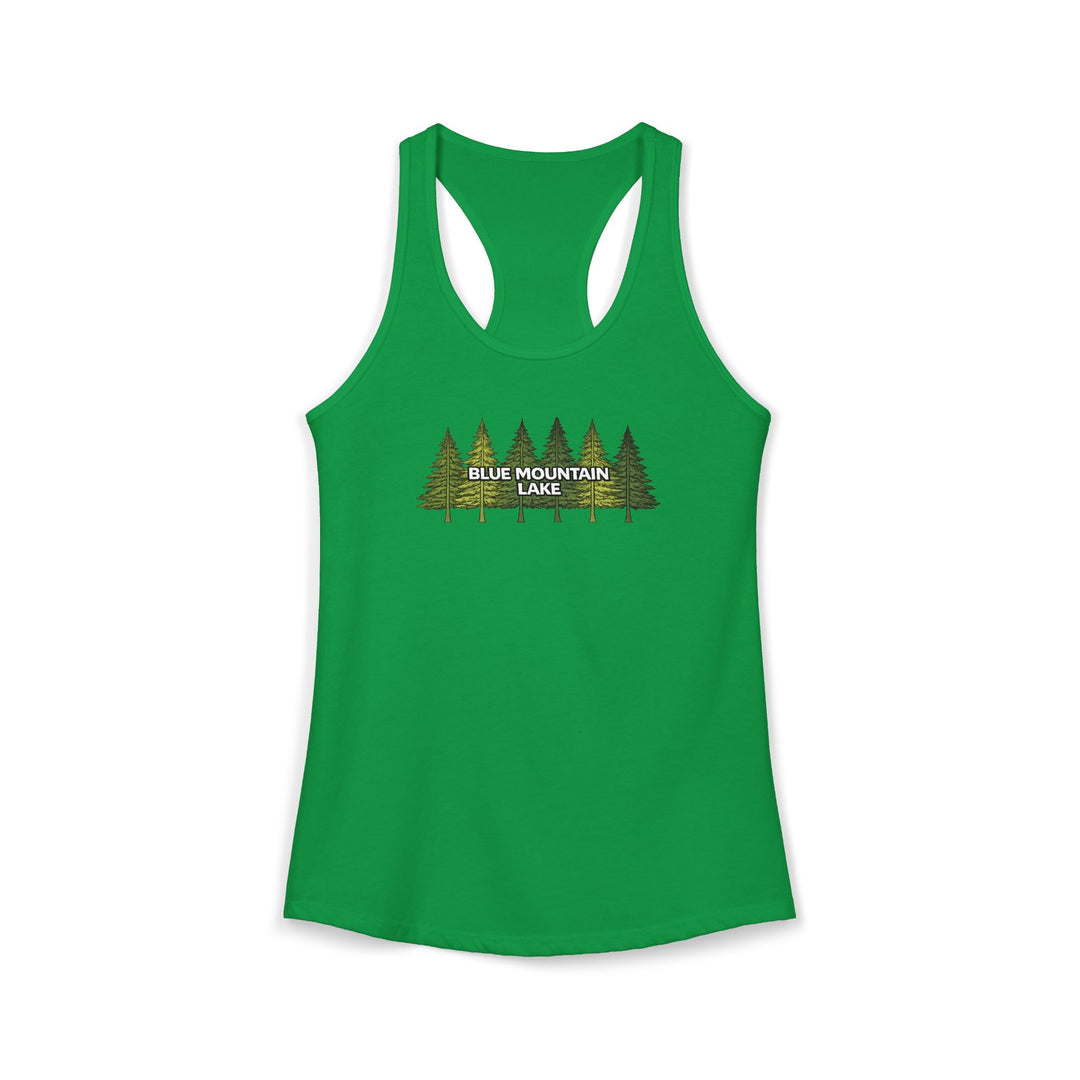 Blue Mountain Lake Pine Trees Ladies Racerback