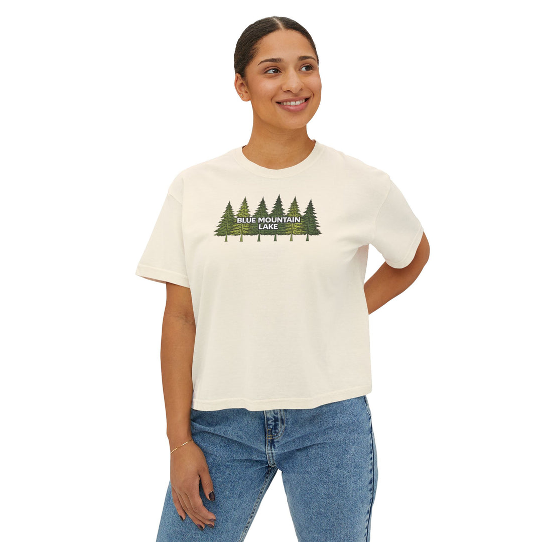 Blue Mountain Lake Pine Trees Ladies Boxy Tee