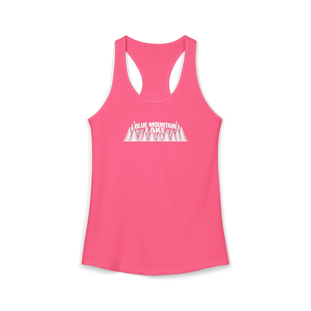 Blue Mountain Lake Trees Ladies Racerback