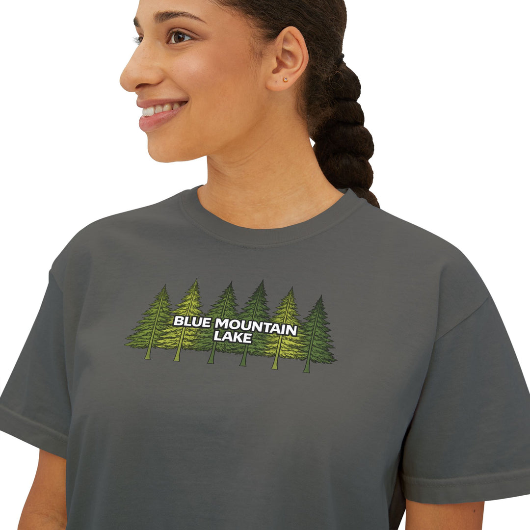 Blue Mountain Lake Pine Trees Ladies Boxy Tee