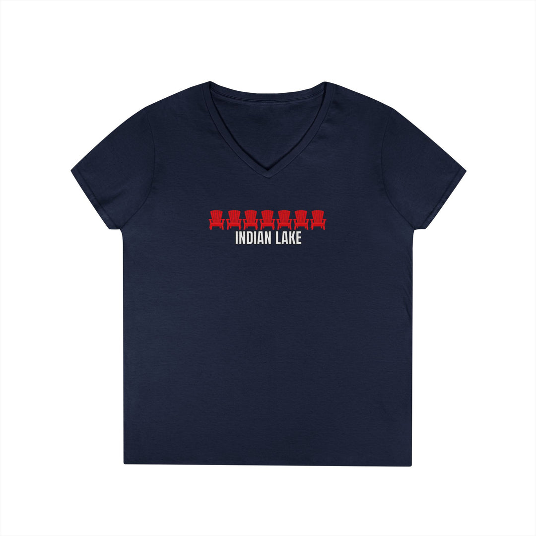 Indian Lake Ladies V-Neck T-Shirt - Red Chairs
