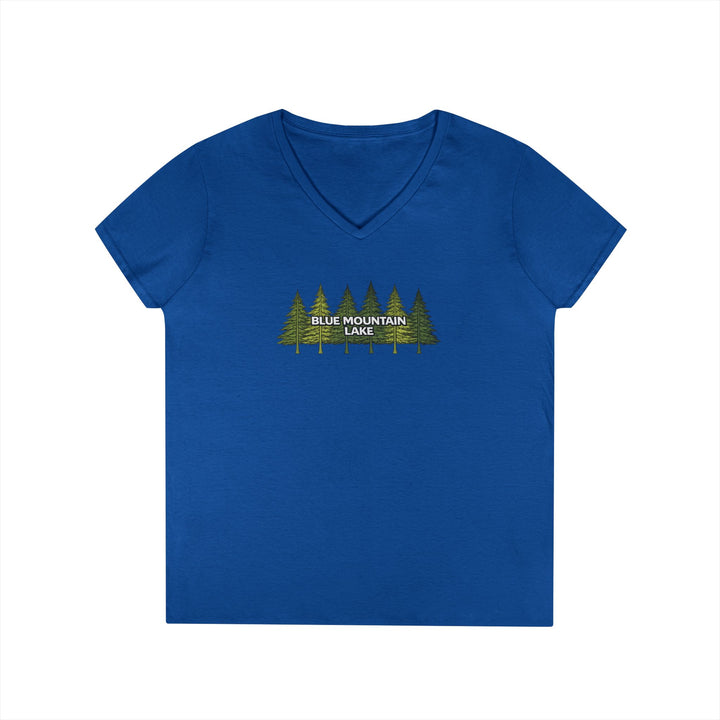 Blue Mountain Lake Pine Trees Ladies V-Neck T-Shirt