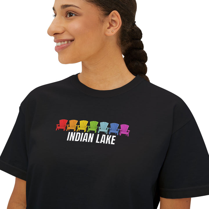Indian Lake Ladies Boxy Tee - Rainbow Chairs