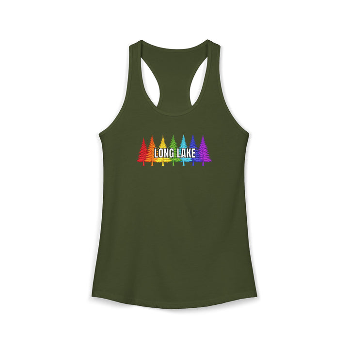 Long Lake Rainbow Trees  Ladies Racerback