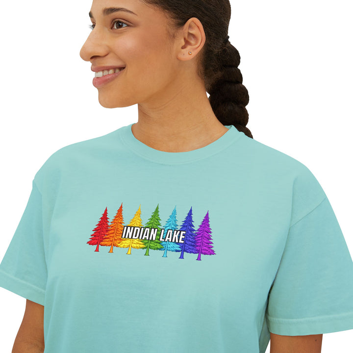 Indian Lake Ladies Boxy Tee - Rainbow Trees