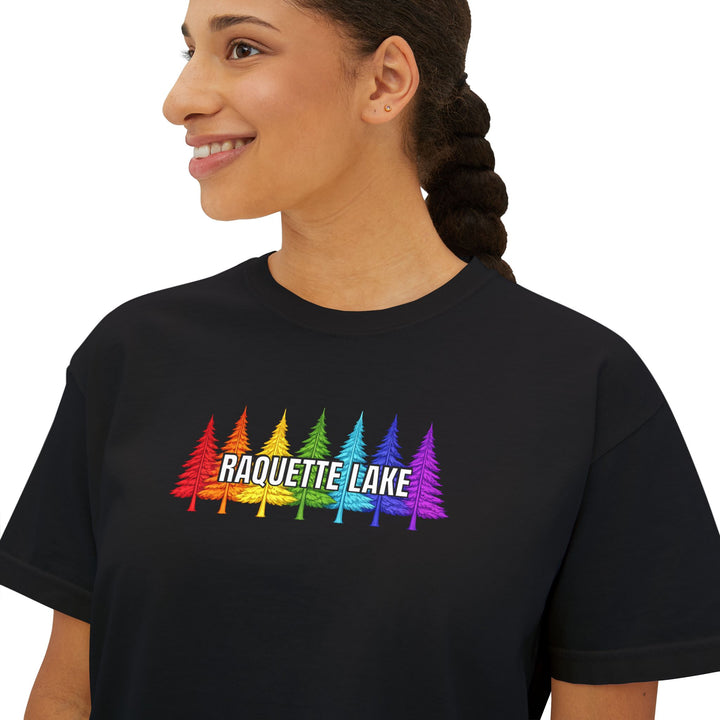 Raquette Lake Ladies Boxy Tee - Rainbow Trees
