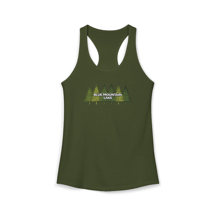 Blue Mountain Lake Pine Trees Ladies Racerback
