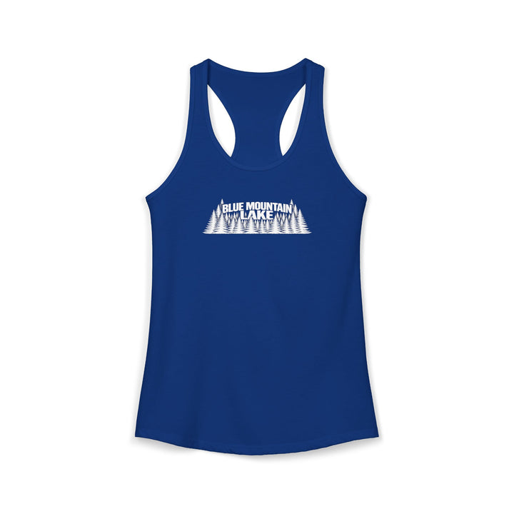 Blue Mountain Lake Trees Ladies Racerback