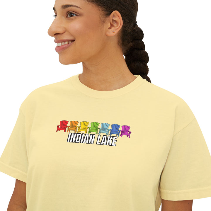 Indian Lake Ladies Boxy Tee - Rainbow Chairs