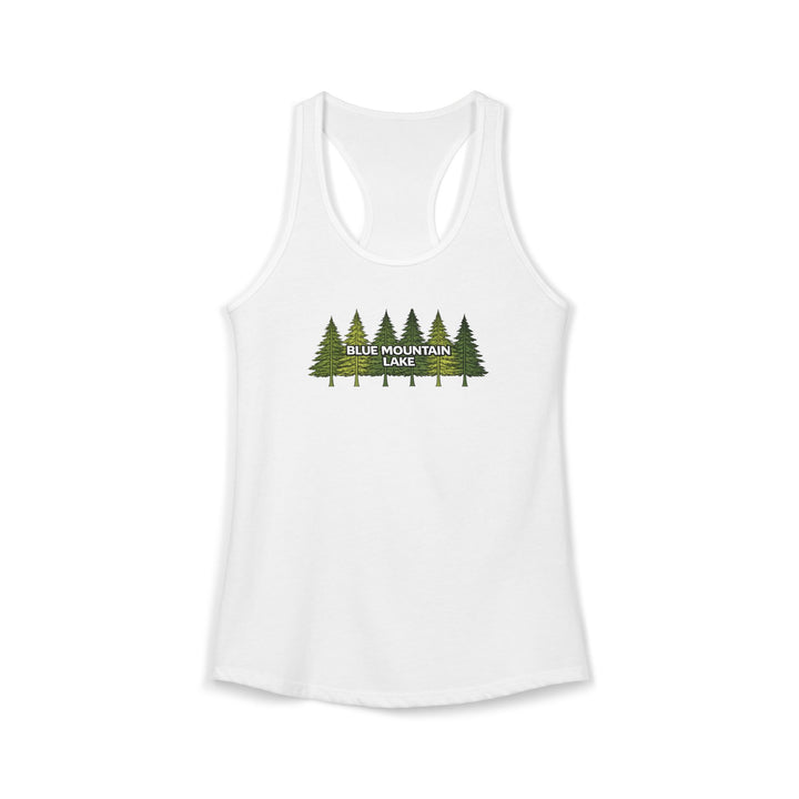 Blue Mountain Lake Pine Trees Ladies Racerback