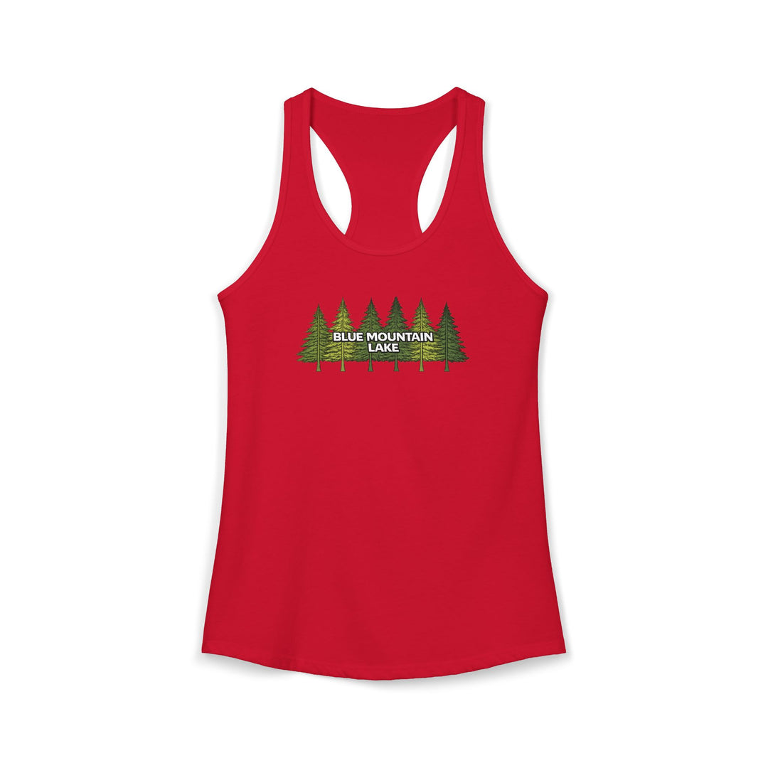 Blue Mountain Lake Pine Trees Ladies Racerback