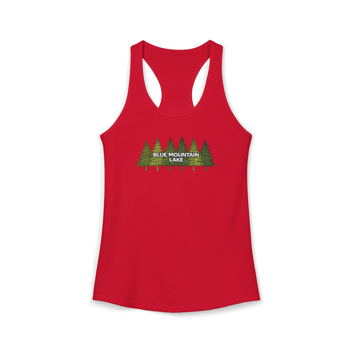 Blue Mountain Lake Pine Trees Ladies Racerback