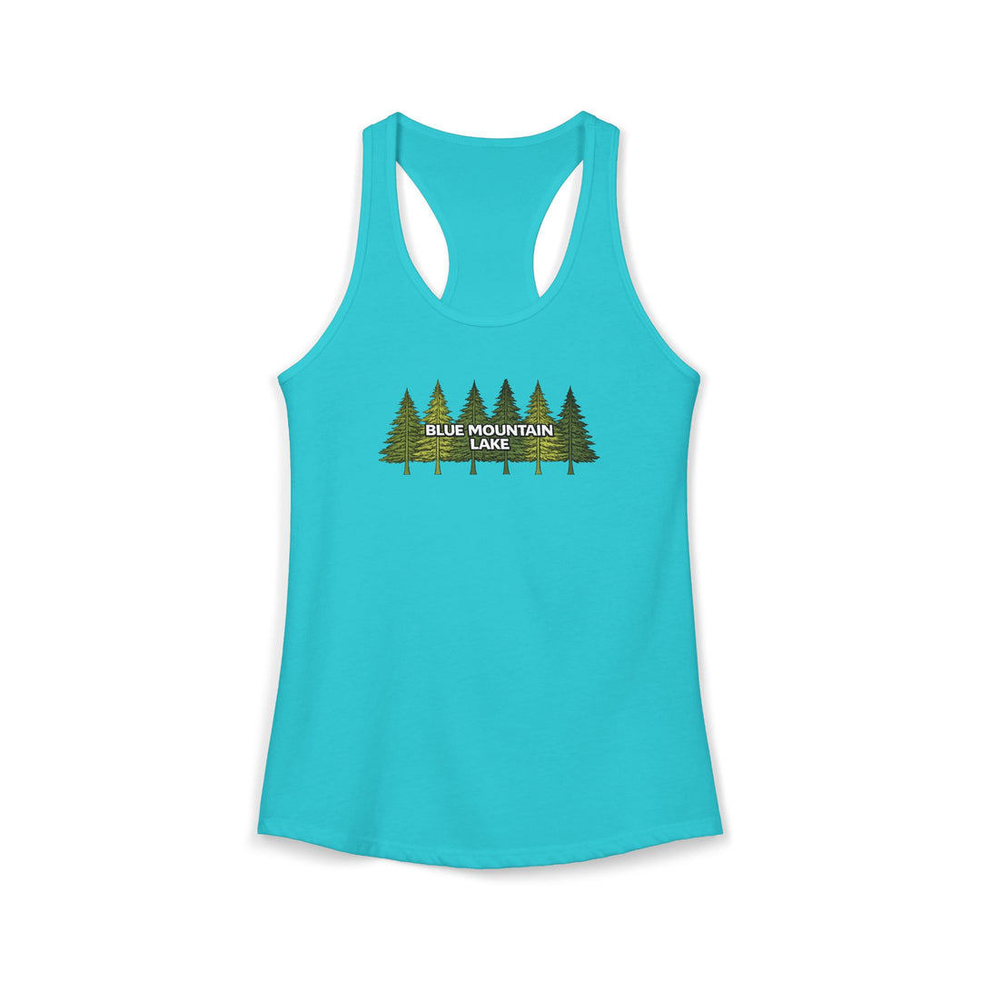 Blue Mountain Lake Pine Trees Ladies Racerback