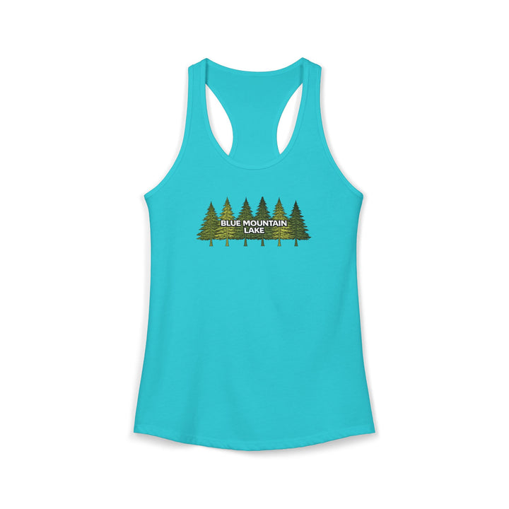 Blue Mountain Lake Pine Trees Ladies Racerback