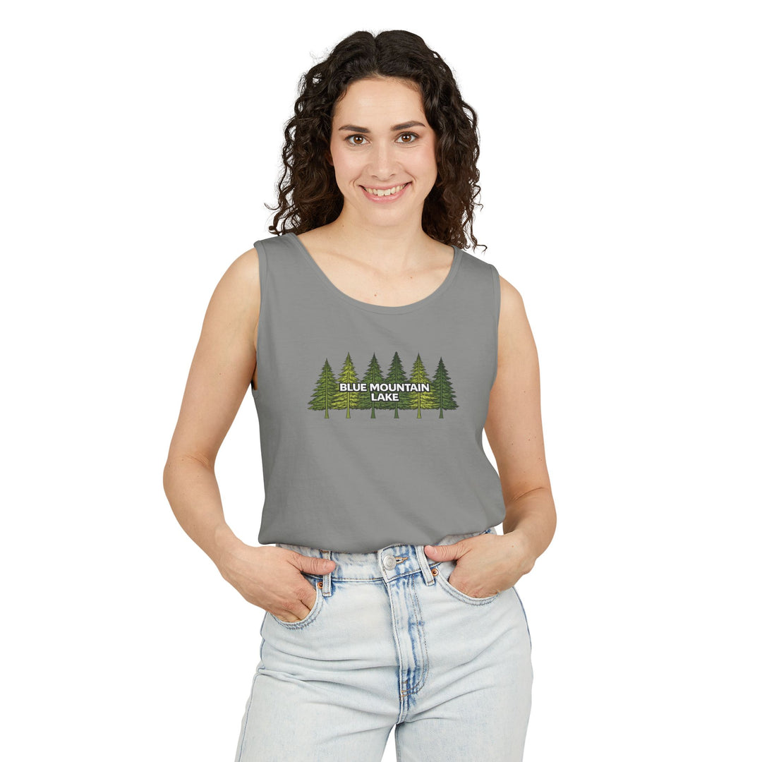 Blue Mountain Lake Pine Trees Unisex Tank