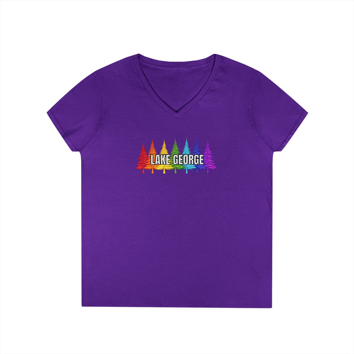 Lake George Rainbow Green Trees Ladies V-Neck
