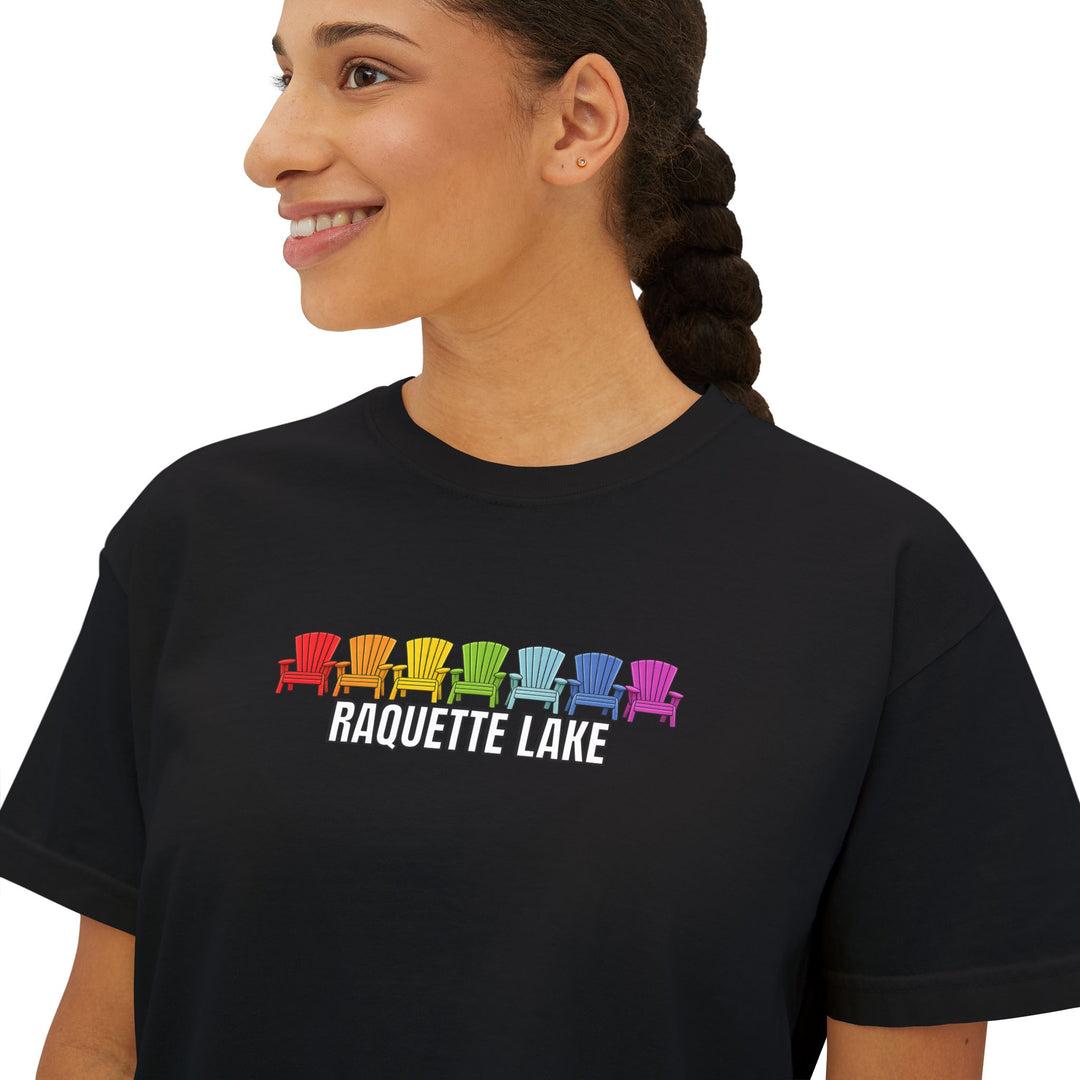 Raquette Lake Ladies Boxy Tee - Rainbow Chairs