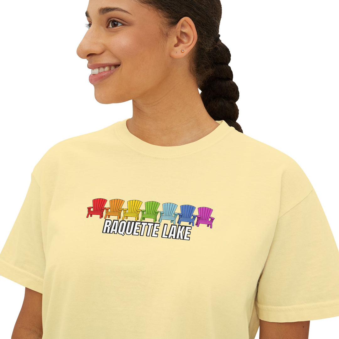 Raquette Lake Ladies Boxy Tee - Rainbow Chairs