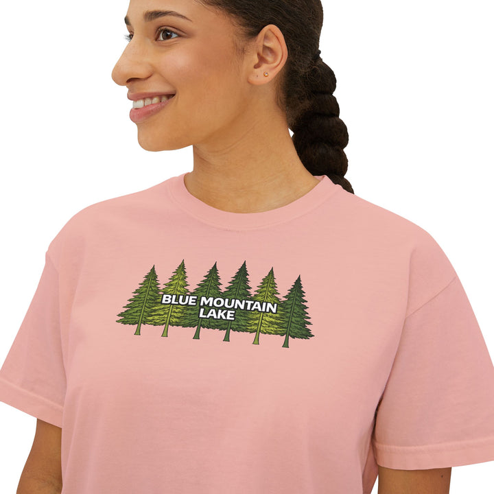 Blue Mountain Lake Pine Trees Ladies Boxy Tee
