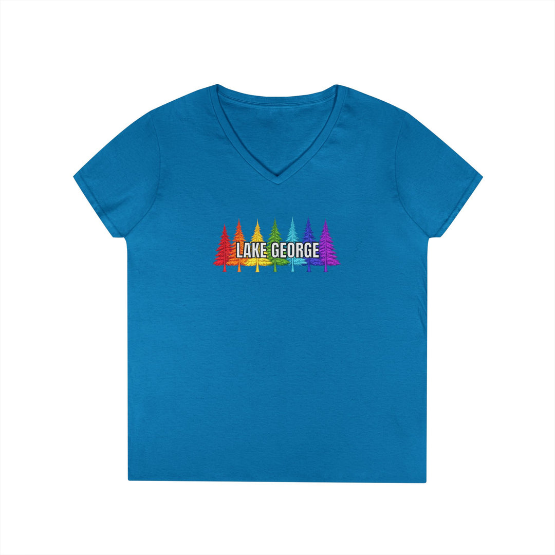 Lake George Rainbow Green Trees Ladies V-Neck