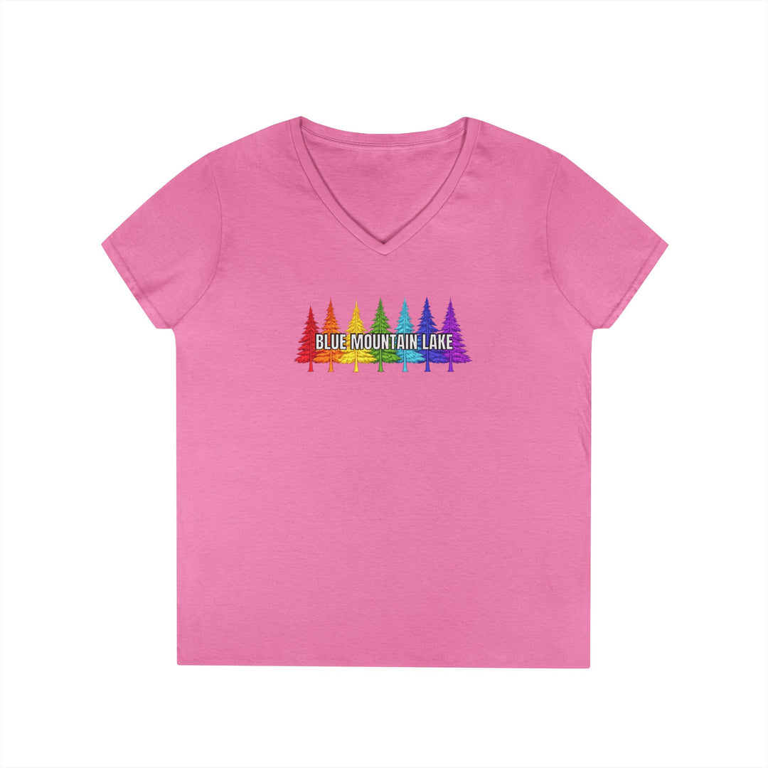 Blue Mountain Lake Rainbow Trees Ladies V-Neck T-Shirt