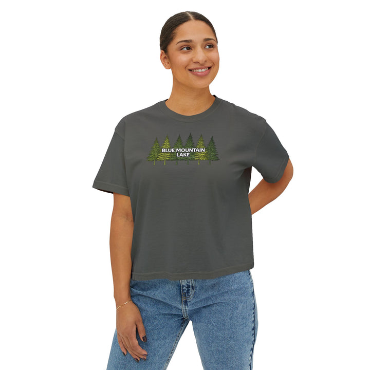 Blue Mountain Lake Pine Trees Ladies Boxy Tee