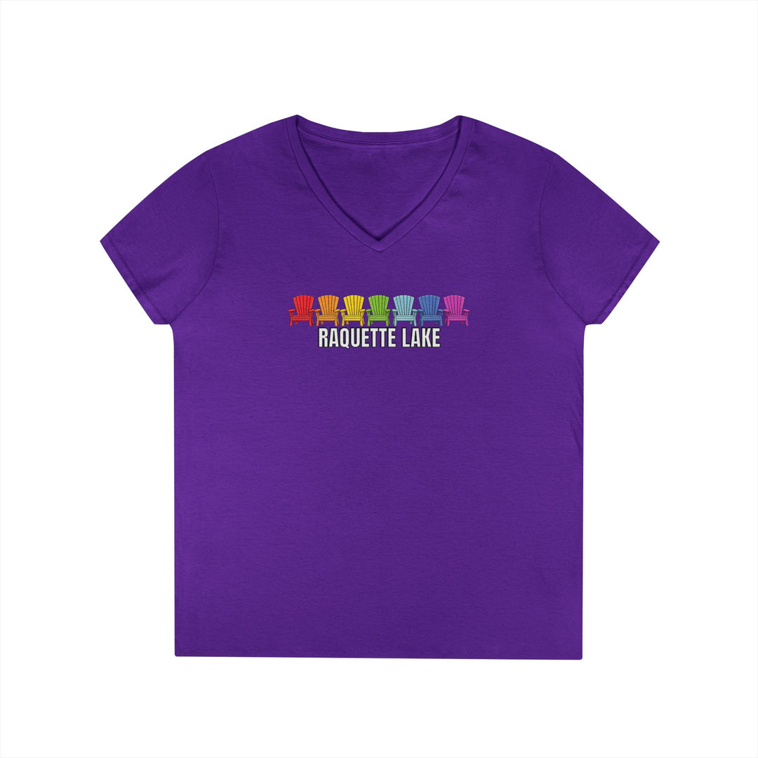 Raquette Lake Ladies V-Neck T-Shirt - Rainbow Chairs