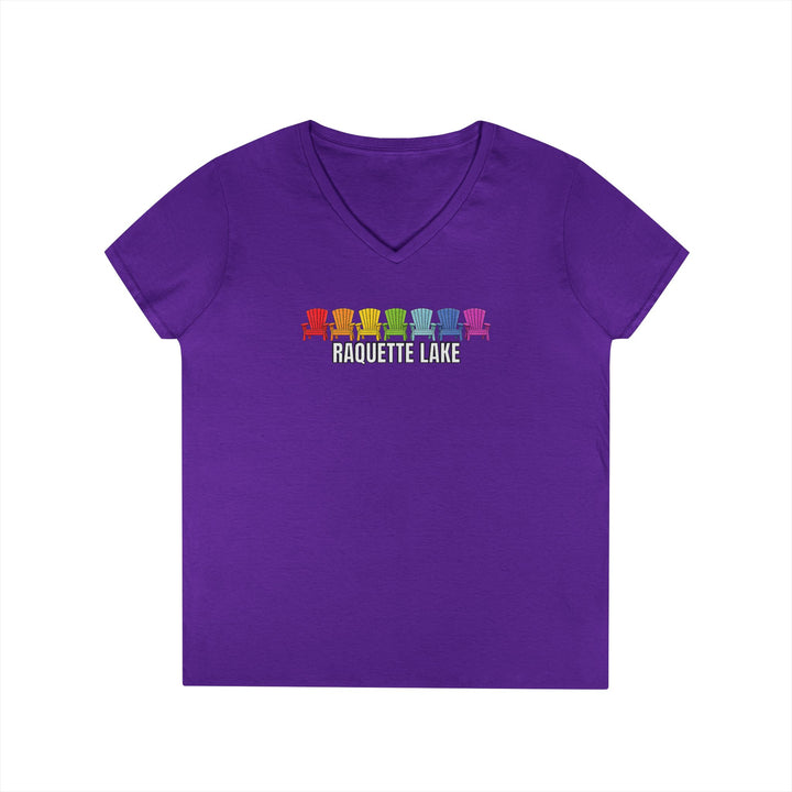 Raquette Lake Ladies V-Neck T-Shirt - Rainbow Chairs