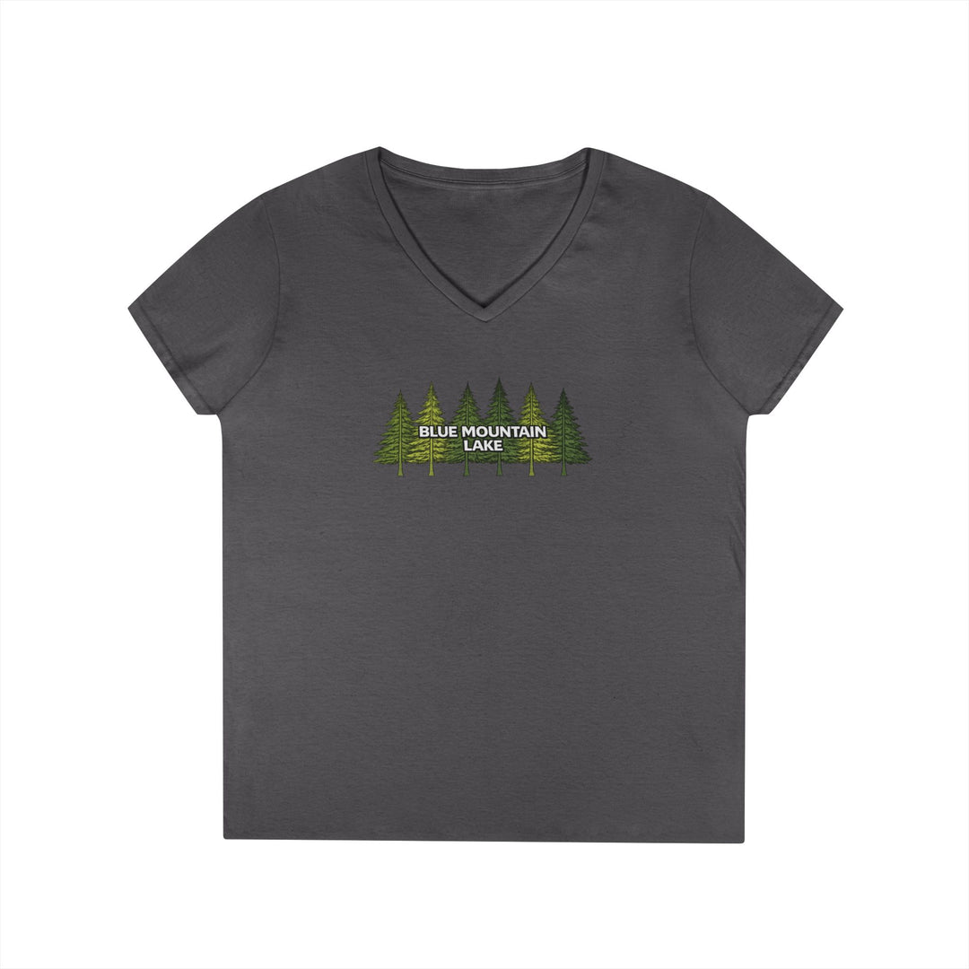 Blue Mountain Lake Pine Trees Ladies V-Neck T-Shirt