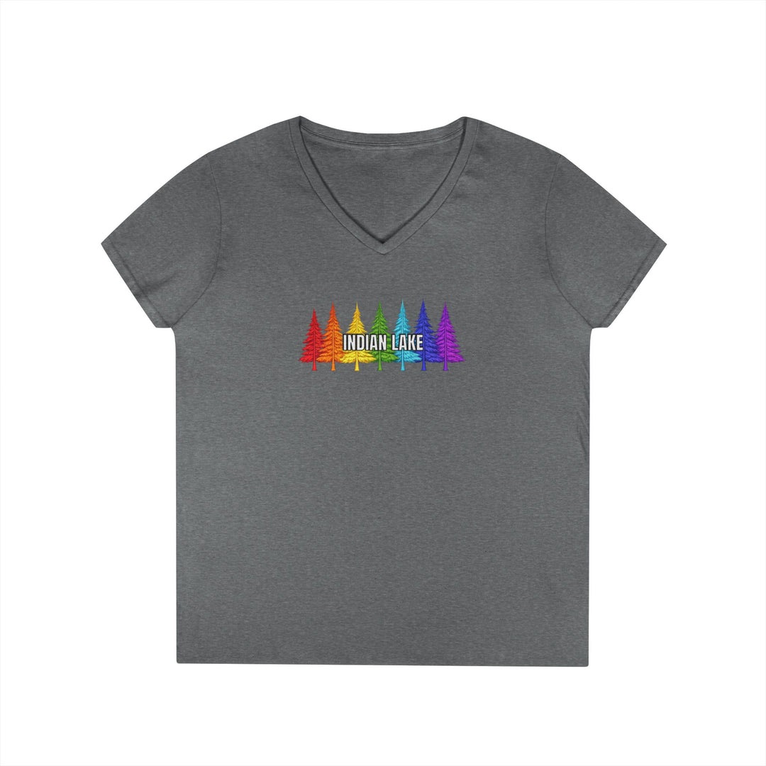 Indian Lake Ladies V-Neck T-Shirt - Rainbow Trees