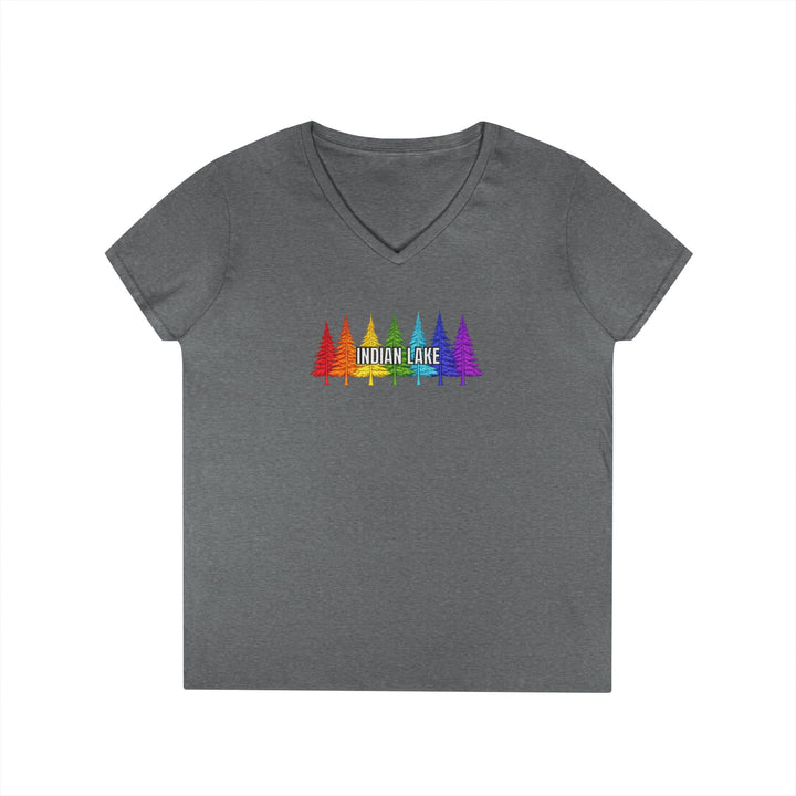 Indian Lake Ladies V-Neck T-Shirt - Rainbow Trees