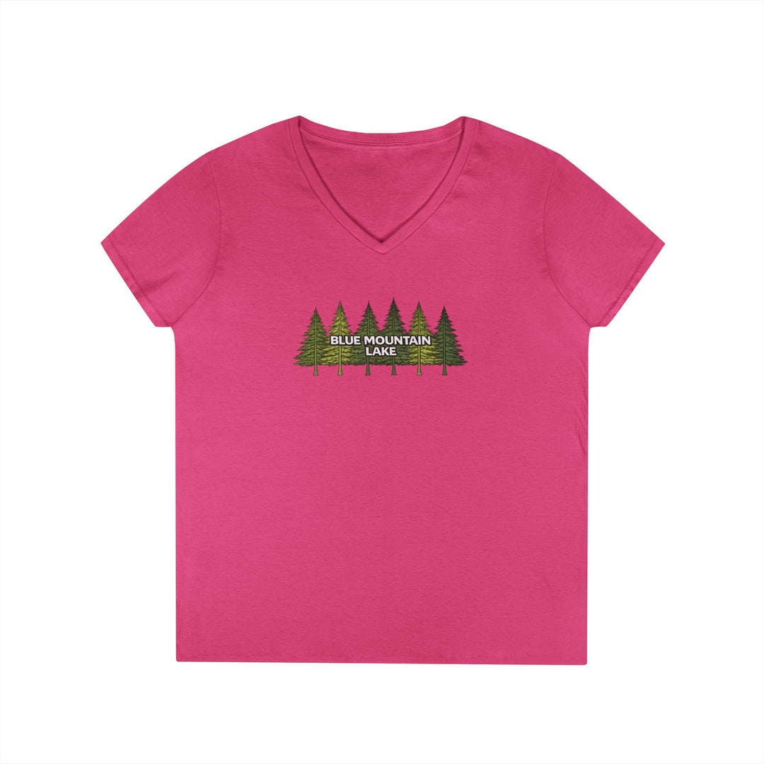 Blue Mountain Lake Pine Trees Ladies V-Neck T-Shirt
