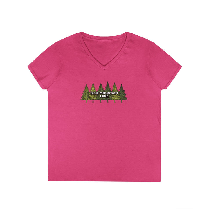 Blue Mountain Lake Pine Trees Ladies V-Neck T-Shirt